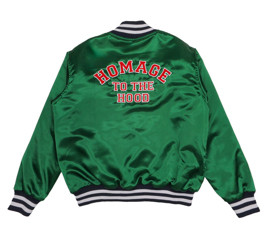 “Homage to the Hood” satin bomber