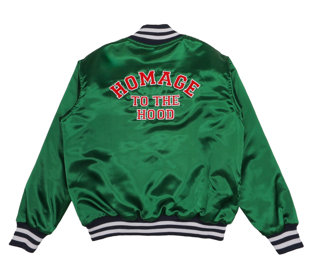 “Homage to the Hood” satin bomber